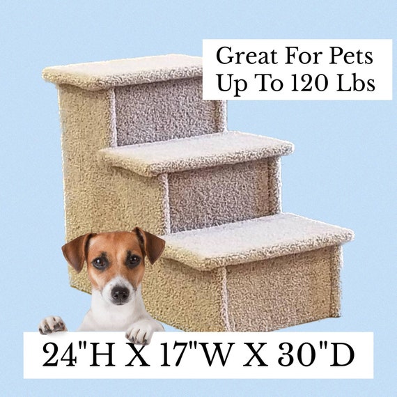 Pet steps, Cat stairs, pet steps for bed, 24"H x 17"W x 30"D, for pets 5-120 Lbs, beautiful plush neutral tan or gray carpet,
