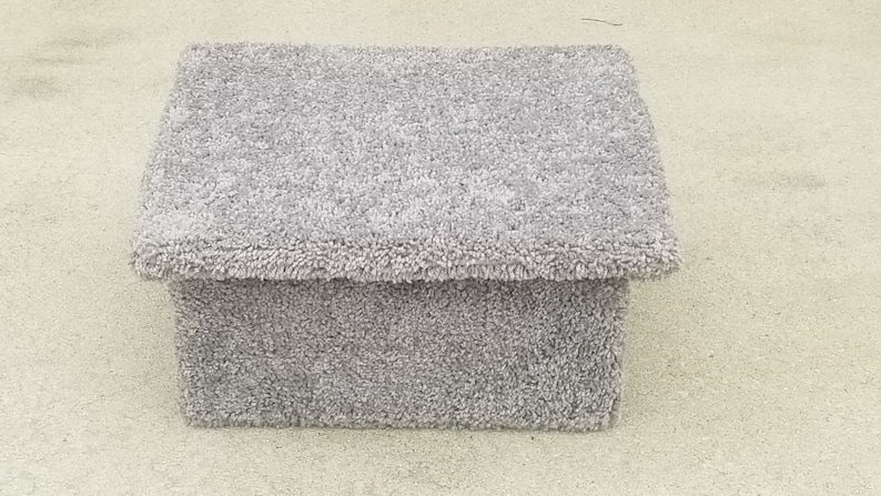 May include: A rectangular footstool covered in a thick, light gray shag carpet material. The piece features a flat, overhanging top surface and a solid, box-like base, all uniformly upholstered in the same textured, fuzzy gray fabric throughout.