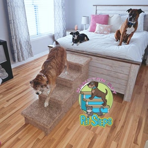 Dog Stairs, pet steps for bed, great for pets 5-150 Lbs, 24"H X 17"W X 46"D, beautiful plush neutral tan or gray carpet, custom built