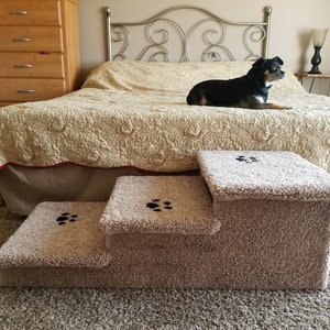 Dog Stairs, dog steps for beds, 15"H X 17"W X38"D, beautiful plush neutral tan or gray carpet, custom built to last, Hampton Bay Pet steps