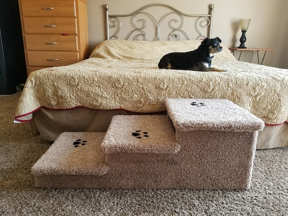 Dog Stairs, dog steps for beds, 15"H X 17"W X38"D, beautiful plush neutral tan or gray carpet, custom built to last, Hampton Bay Pet steps