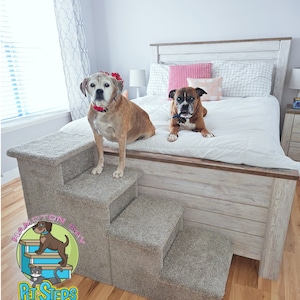 Escaleras para perros para cama, 76 cm de alto, escalones extra anchos y profundos para perros grandes o pequeños, alfombra de felpa color canela o gris, escaleras de madera resistentes hechas a mano en EE. UU.