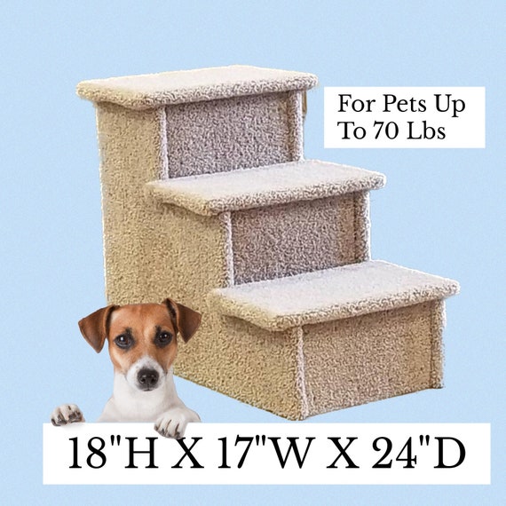 Dog Stairs, pet steps for bed, 18"HX17"WX24"D, for pets 2-70 Lbs, beautiful plush tan or gray carpet, sturdy custom built to last,