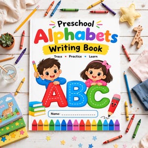 May include: A preschool alphabets writing book with a white cover featuring a cartoon boy and girl, large colorful letters A, B, and C, and the text Preschool Alphabets Writing Book Trace Practice Learn. The cover includes a name line.