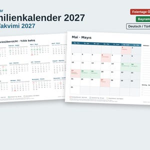 Könnte beinhalten: Ein Familienkalender 2027 mit dem Titel LagerKlar Familienkalender 2027 Aile Takvimi 2027, der eine Jahresübersicht und eine Monatsansicht für Mai zeigt. Der Kalender enthält Texte auf Deutsch und Türkisch sowie österreichische Feiertage und religiöse Anlässe im PDF-Format.