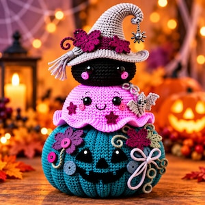 Puede incluir: Una decoración de ganchillo de tres niveles con una base de calabaza verde azulado con cara de jack-o'-lantern negra, una capa media de fantasma rosa con cara sonriente y un murciélago, y un sombrero de bruja gris con flores rosa oscuro.