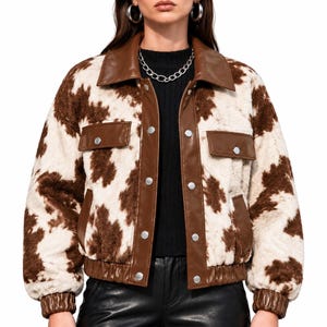 Women’s Cow Print Leather Jacket Shearling Style Western Bomber Utility Coat Fashion