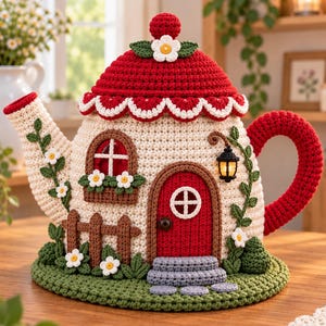 Può includere: Un copriteiera all'uncinetto a forma di casetta con corpo color crema, tetto rosso con bordo smerlato bianco, porta rossa, staccionata marrone e base verde. Il design presenta piccoli fiori bianchi, foglie verdi e una lanterna nera.