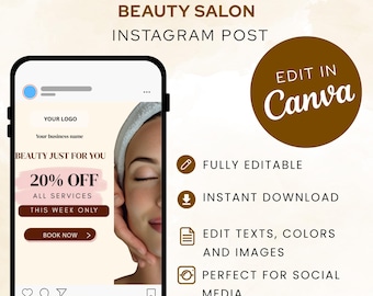 Edytowalny szablon posta na Instagramie dla salonu piękności | Promocja w mediach społecznościowych Canva (pobranie cyfrowe)