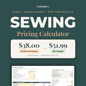 Puede incluir: Una calculadora digital de precios de costura para Excel y Google Sheets de TrueCostCo. El gráfico muestra una comparación de precios que indica un aumento de $38.00 a $51.99, junto con una vista previa de una interfaz de hoja de cálculo.