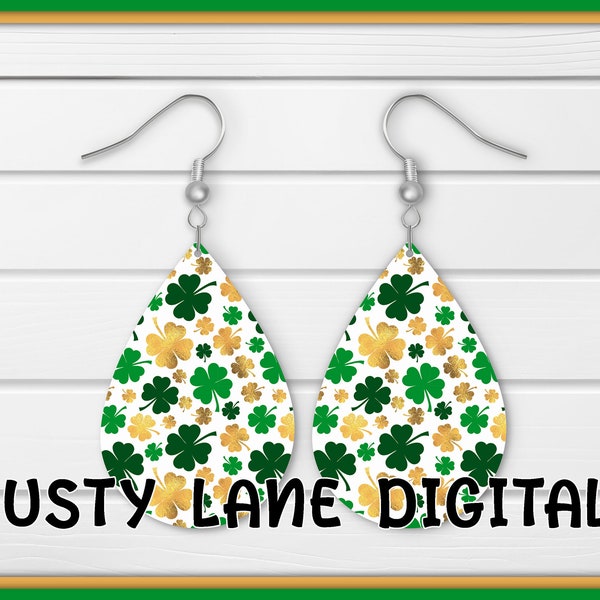 Green and Gold Shamrock Saint Patrick's Sublimation Earring Template, Shimmery Gold and Green Clover Earrings