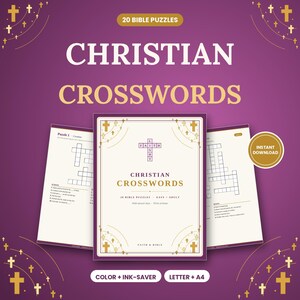 Puede incluir: Una colección de 20 crucigramas cristianos con una página de portada central con el texto "Christian Crosswords" y "Faith" y "Light" en forma de cruz, flanqueada por dos páginas de rompecabezas sobre un fondo morado oscuro.