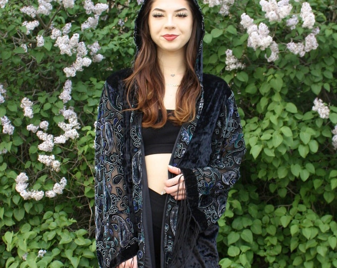 PAISLEY Burnout VELVET KIMONO Boho Goth Hooded Jacket Ethereal Clothing ...