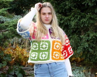 UpCycled GRANNY SQUARE SWEATER | Reversible Chunky Crop Sweater | Eco Fashion | Cottagecore Bohemian Clothing | Womens Rainbow sweater