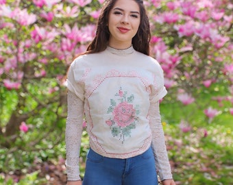 Embroidered Floral Patchwork T-Shirt: Upcycled Quilt Top, Bohemian Chic