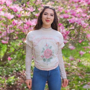 Embroidered Floral Patchwork T-Shirt: Upcycled Quilt Top, Bohemian Chic