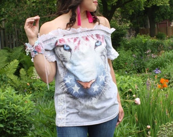 UPCYCLED TIGER T-shirt | Bohemian Lace Ruffle Top | Off Shoulder Tie Dye Tee | Festival Clothing | Fourth of July | Handmade Clothing