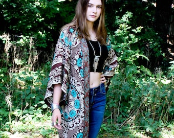 Mandala ETHNIC PRINT cotton KIMONO Teal and Brown Upcycled Tablecloth Robe Bat Sleeve Duster Eco Fashion womens size large