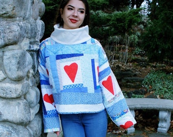 QUILTED Heart PATCHWORK Pullover | UpCycle Hippie Country Chic Turtleneck | Ethical Fashion | Cottagecore Clothing | Heart Patch