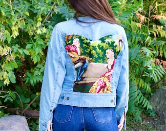 Upcycled Denim Jacket Victorian Renaissance Tapestry Coat Festival Fashion Sustainable Embroidered Clothing