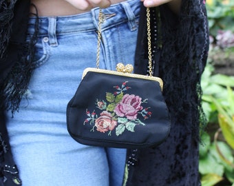 FLORAL TAPESTRY PURSE | Black Gothic Bag | Antique Bag | Vintage Floral Clasp Purse with Chain Strap | Gothic Victorian Fashion