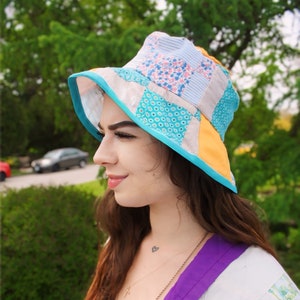 Vintage PATCHWORK BUCKET HAT Retro 1970's Quilt Hat Bohemian UpCycled Fashion Womens Birthday Gift Summer Beach Hat image 1