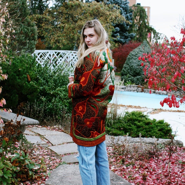 African print KIMONO | Cotton QUILTED JACKET | UpCycled Orange Red Mandala Kimono | Women's Repurposed Quilt Coat