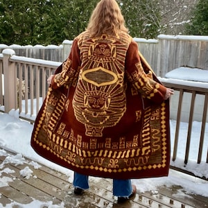 AZTEC Retro Fleece Coat: Upcycled Brown Blanket Jacket for Women&#39;s Eco Cottagecore Western Fashion