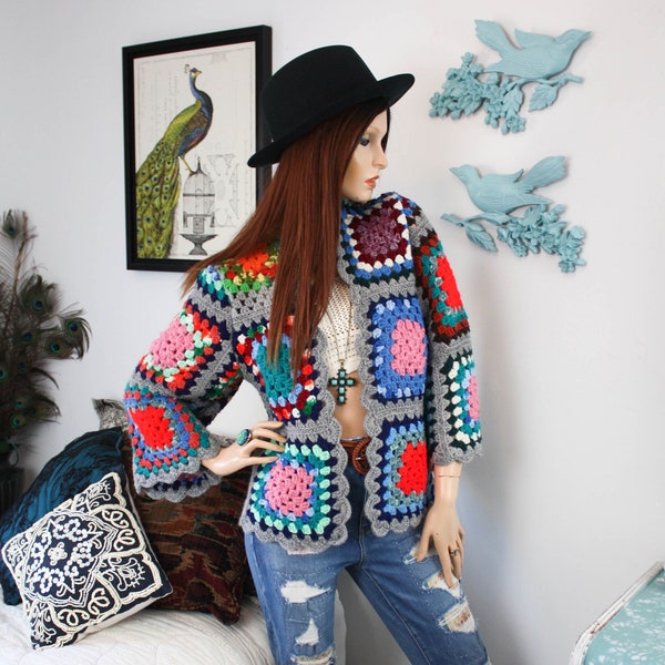 RAINBOW Granny Square CARDIGAN, UpCycled Boho Hippie Sweater, Eco Refashion Retro Kimono, Patchwork Coat