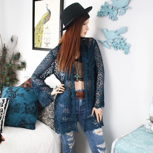 Upcycled Sheer Floral Lace Kimono Jacket with Embroidered Gothic Boho Style
