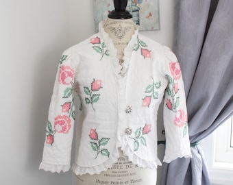 Antique QUILT COAT, Wedding Lace Quilted JACKET, Rose Cross Stitch Bolero Jacket, Pixie Fairy Coat, Upcycled Clothing, Vintage Quilt coat