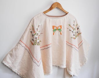 Upcycled Embroidered Butterfly Blouse: Vintage Tablecloth Tunic, Bohemian Cottagecore