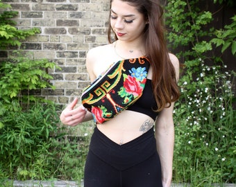 Rose TAPESTRY FANNY PACK | Boho UpCycled Fanny | Adjustable Rainbow Cross Body Bag | Needlepoint Fanny Bag | Festival Bag | Valentines Gift