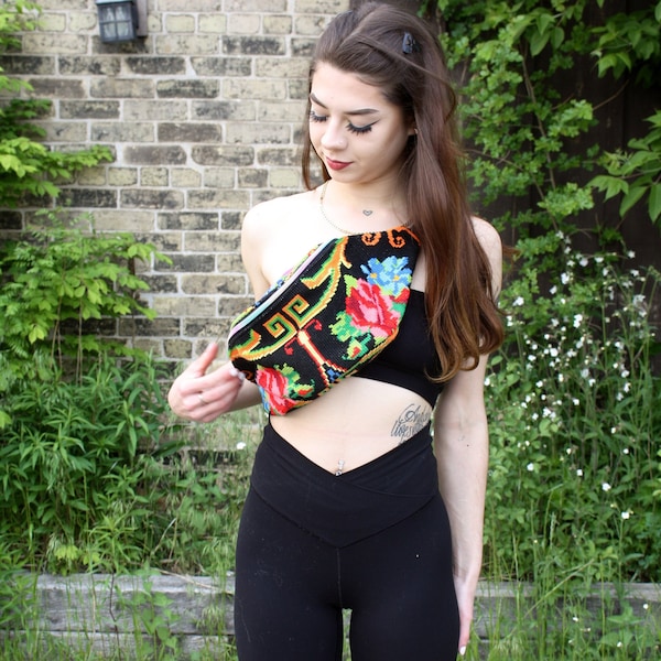 Rose TAPESTRY FANNY PACK | Boho UpCycled Fanny | Adjustable Rainbow Cross Body Bag | Needlepoint Fanny Bag | Festival Bag | Valentines Gift