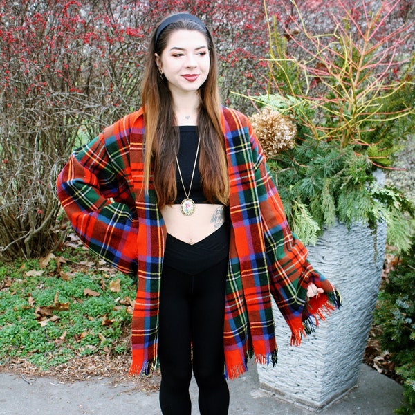 Wool PLAID Tartan JACKET made from an UpCycled Blanket | Boho Hippie Bell Sleeve KIMONO | One of a Kind Handmade gift | Eco Fashion Coat