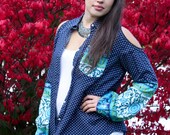 BOHO CHIC Upcycled TOP, Bell Sleeve Overshirt, Polka Dots and lace, Beach cover Up, One Size Fit, Womans clothing, Size Large