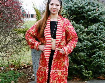 Red Floral Quilted JACKET | Cotton Pin Stripe Kimono | UpCycled Clothing | Women's Repurposed Quilt Coat | Eco Fashion | Cottagecore