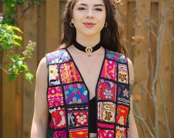 Upcycled KANTHA QUILT Vest | Rainbow Patchwork Vest | Embroidered Bohemian Clothing | Eco Fashion Cottagecore | Womens Gift