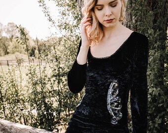 BLACK VELVET DRESS, Beaded Sequin Dress, Angel Wing Embellished Festival Wear