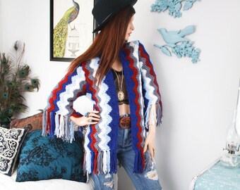 Retro CARDIGAN made from Crochet Afghan with Fringe | UpCycled Bohemian Hippie Seventies Sweater | Eco fashion | Cottagecore Kimono