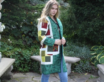 RETRO QUILT JACKET UpCycled Earth Tones Patchwork Kimono Sixties Seventies Hippie Eclectic Cottagecore Coat