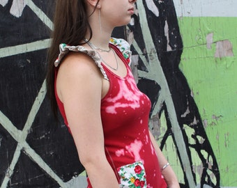 UPCYCLED Tie Dye TANK TOP . Patchwork Ruffle Sleeve . Red Floral Patchwork Tank . Eco Fashion . Festival Clothing