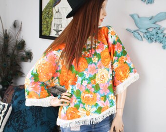 VINTAGE FLORAL Crop Beach TOP | Upcycled Towel Bathing Suit Cover Up | Oversize Bell Sleeve Vintage Pullover | Fringe Top