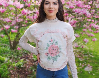Upcycled QUILT Patch TSHIRT | Cotton Short Sleeve Tee |  Bohemian Clothing for Women | Eco Fashion | Cross Stitch Rose Quilt Top