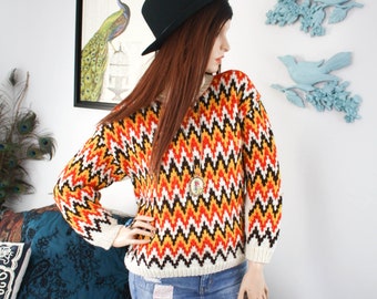 VINTAGE Hand Knit Cotton Sweater . Orange Retro zig zag pattern Turtle Neck . Womens knitwear top . Cottagecore . Thrifted Cardigan