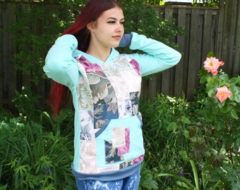 PATCHWORK QUILTED HOODIE Pastel Turquoise Brocade Top UpCycle Handmade Eco Friendly clothing