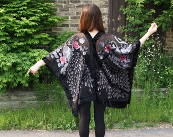 PEACOCK Velvet KIMONO, Bohemian Goth Duster, Festival Fashion, Refashioned and UpCycled Kimono, One Size Kimono