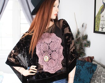 UpCycled FLORAL Velvet KIMONO | Bohemian Bell Sleeve Top | Burnout Velvet Bohemian Goth Shirt | Ethical Fashion | Handmade Gift