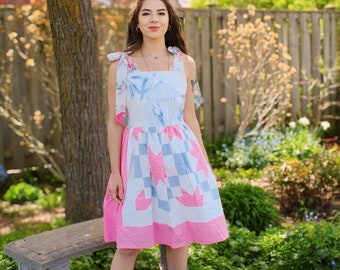 Star QUILTED DRESS | Pink UPCYCLED Apron Dress | Bird Boho Chic Dress | Quirky Clothing  for Women