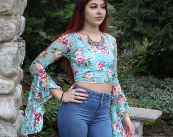 Turquoise Sheer ROSE LACE TOP, Flowing Bell Sleeve Crop Top, Romantic Fashion Top, Retro Turquoise belly Top, Custom Size Shirt For women